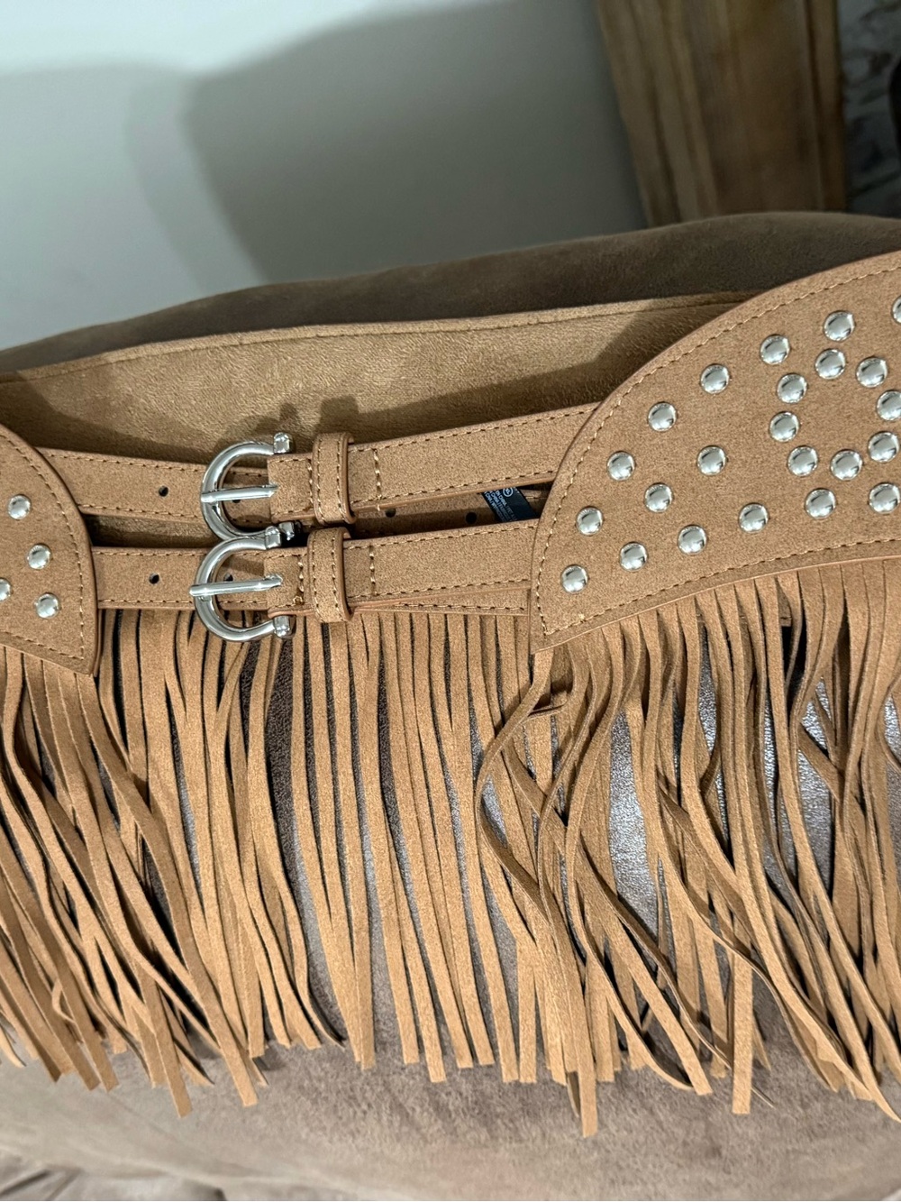 Women’s XL Western Fringe Belt – Brown Faux Suede with Silver Studs